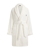 a short cotton terry bathrobe with the polo ralph lauren logo on the chest and a large bear embroidered on the back