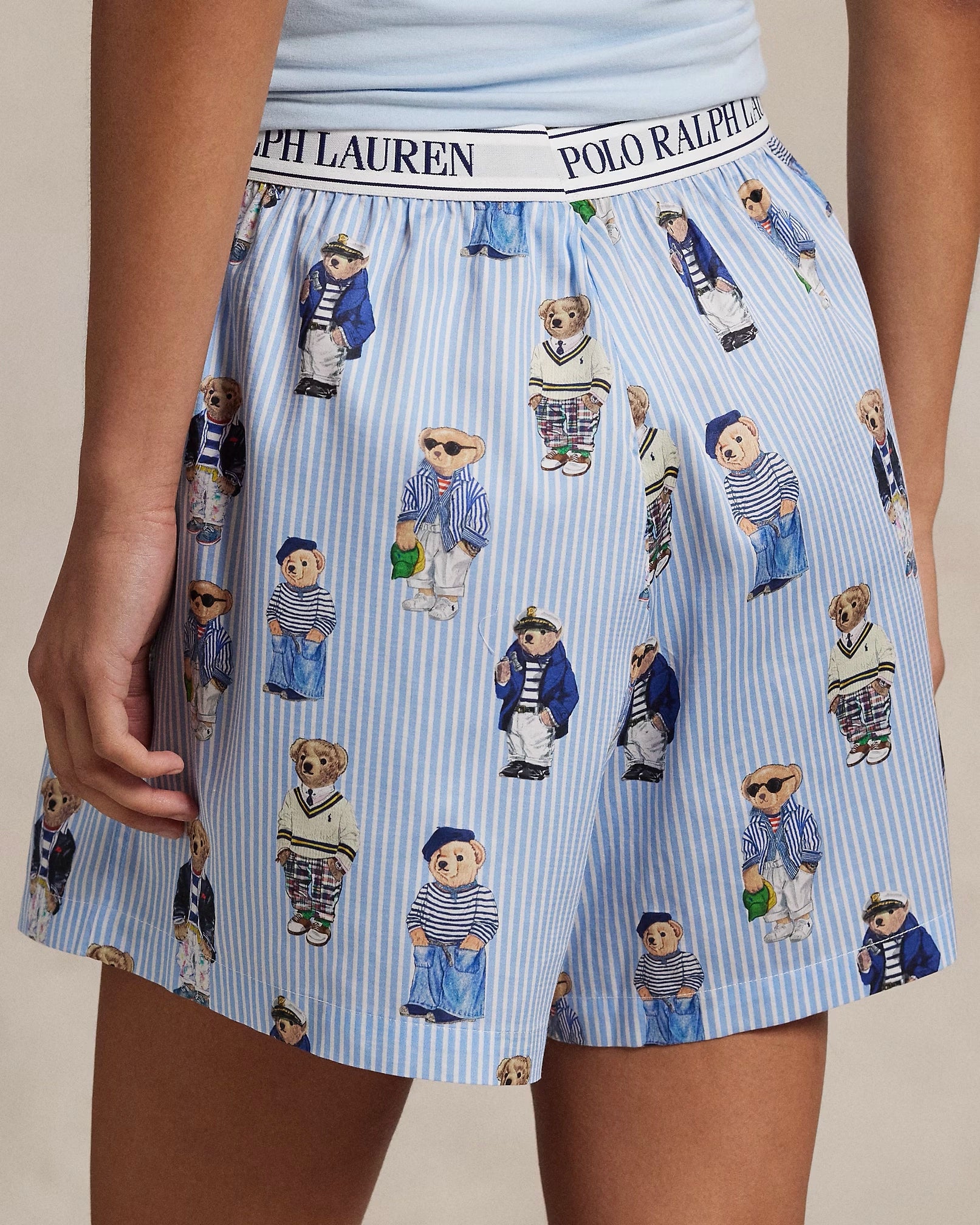 blue stripe sleep boxers with bears all over