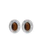 large silver oval earring with brown stone in the middle