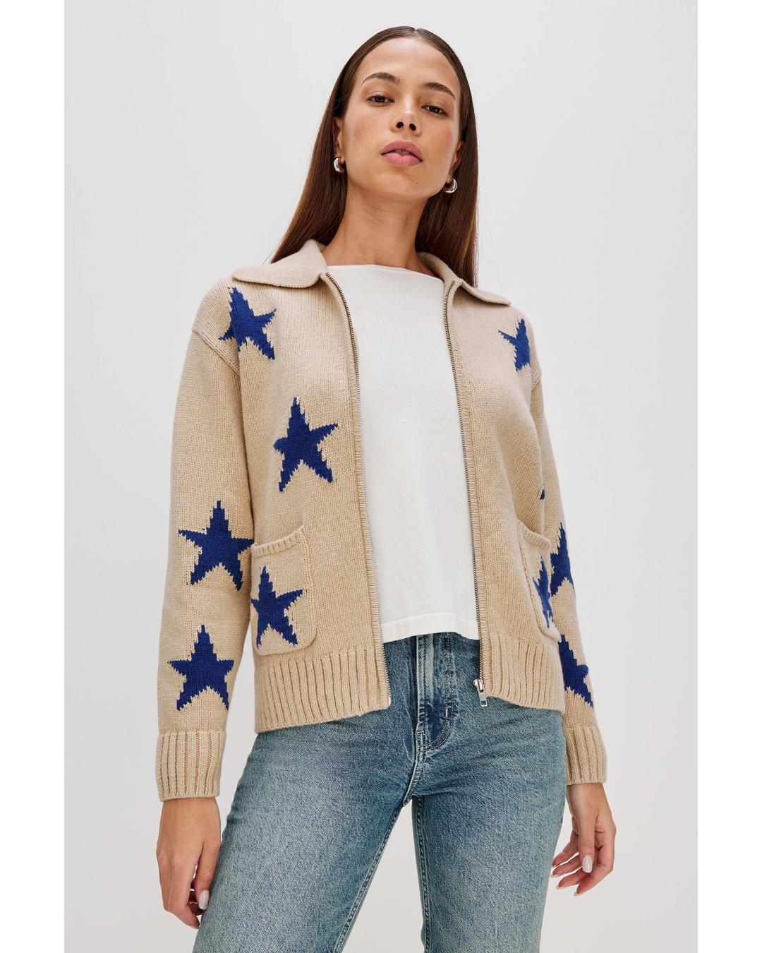 zip sweater in beige with blue stars