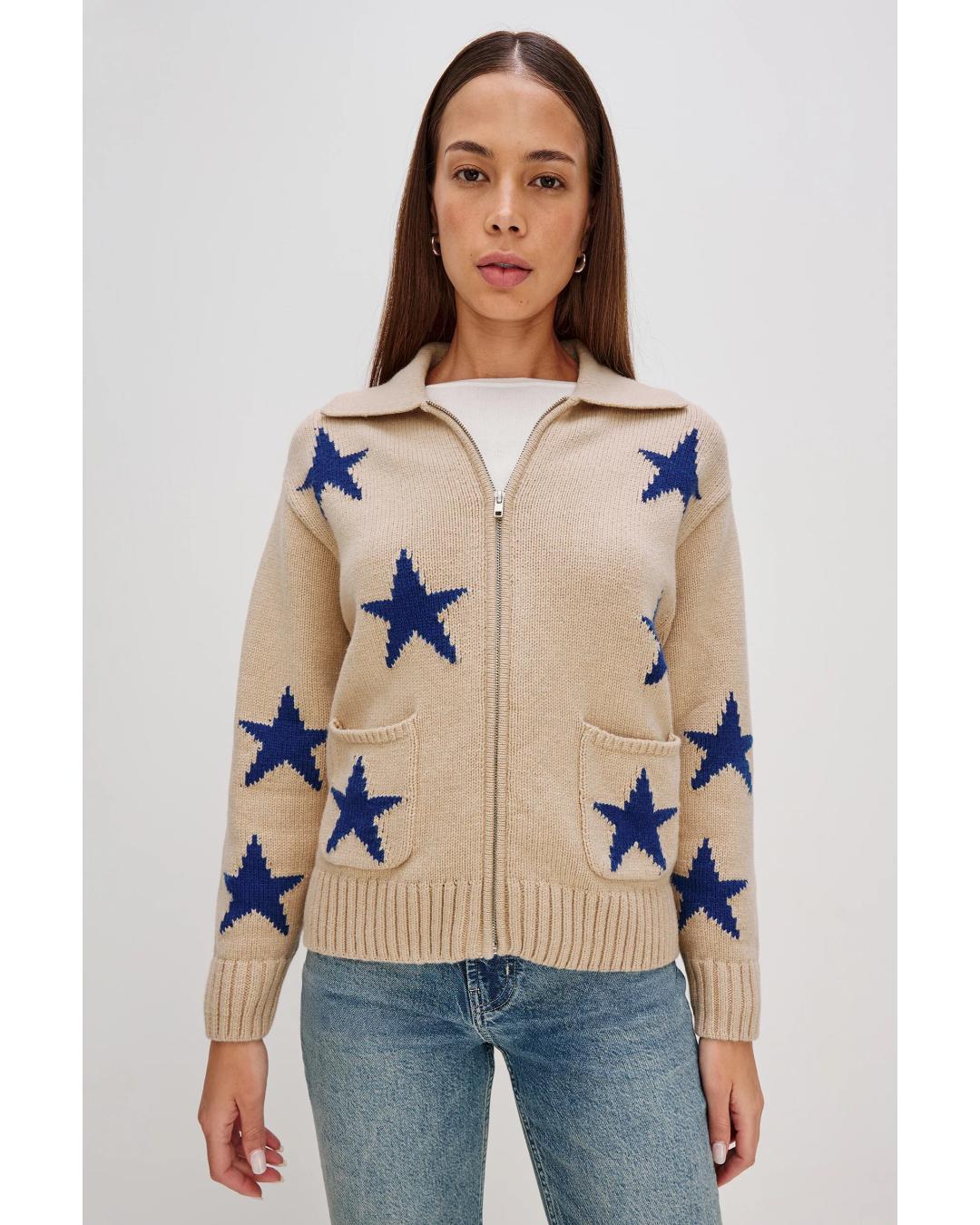 zip sweater in beige with blue stars