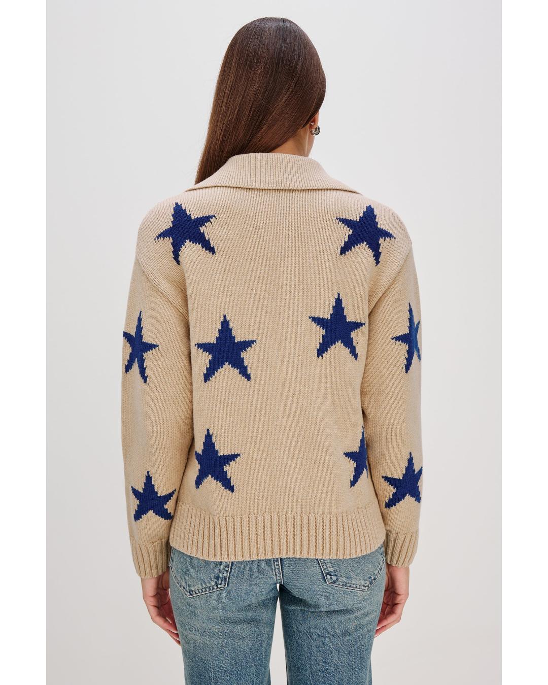 zip sweater in beige with blue stars