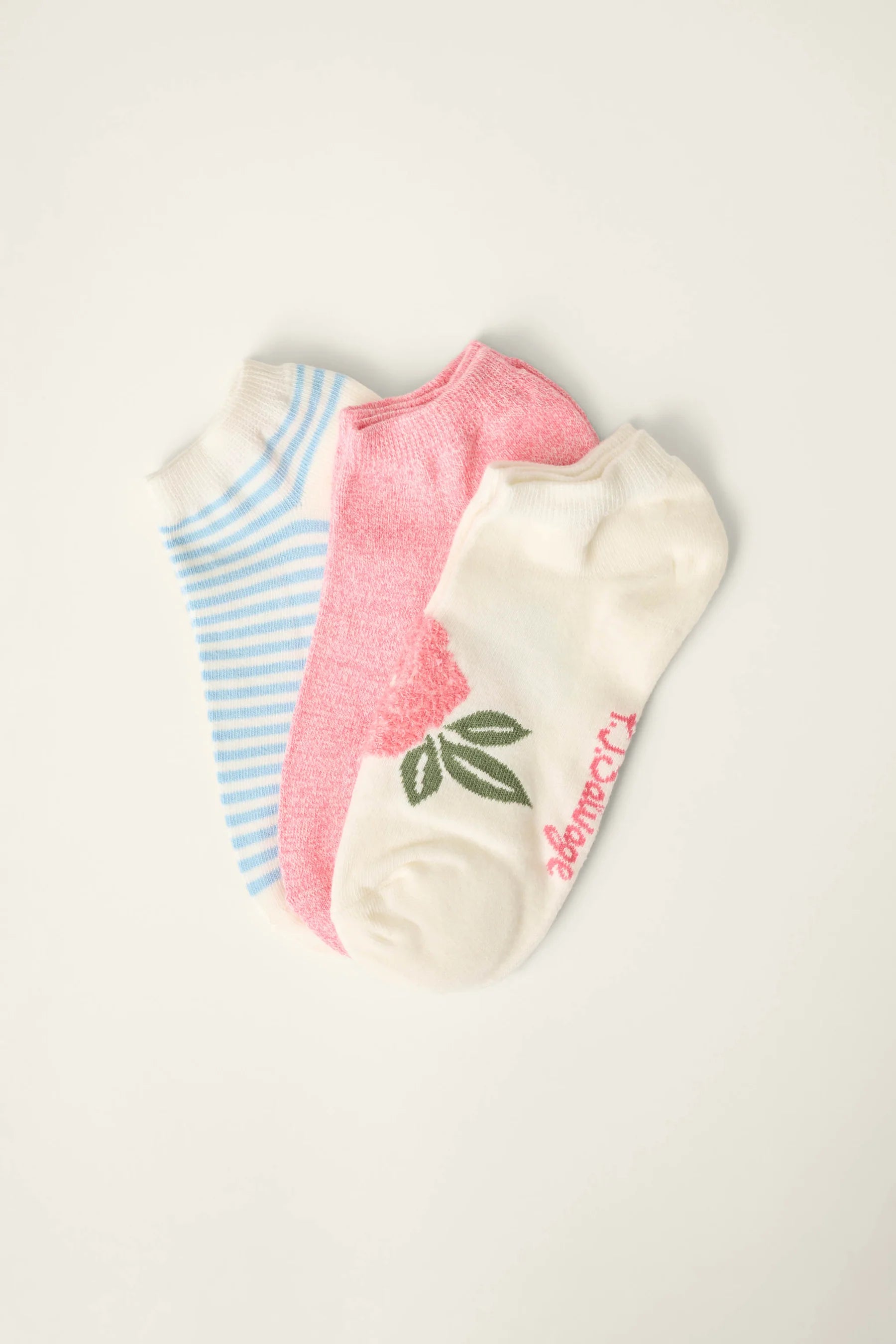 three pack of angle socks in white, blue and pink