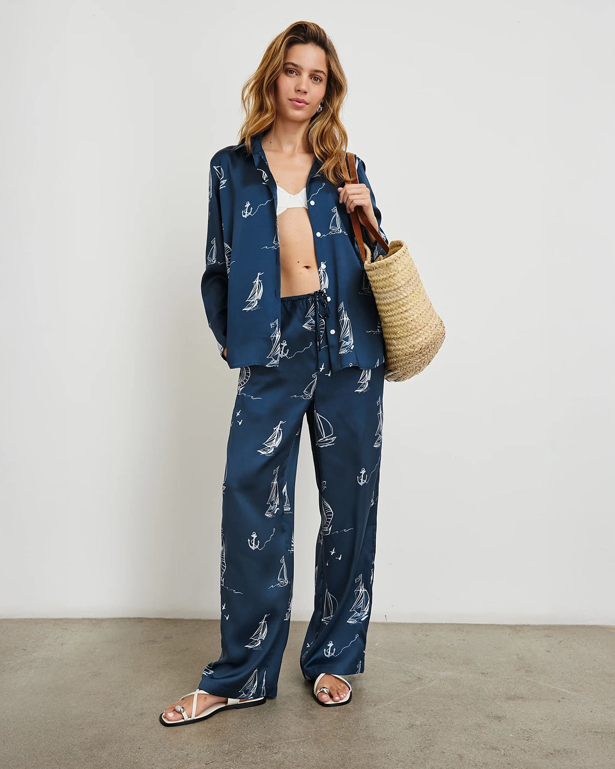 Lightweight Navy Damani Trousers with Sailboat print in white by Rails
