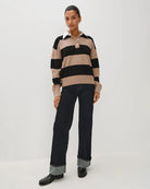 woman wearing a cashmere and wool striped rugby sweater by Rails