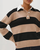 woman wearing a cashmere and wool striped rugby sweater by Rails