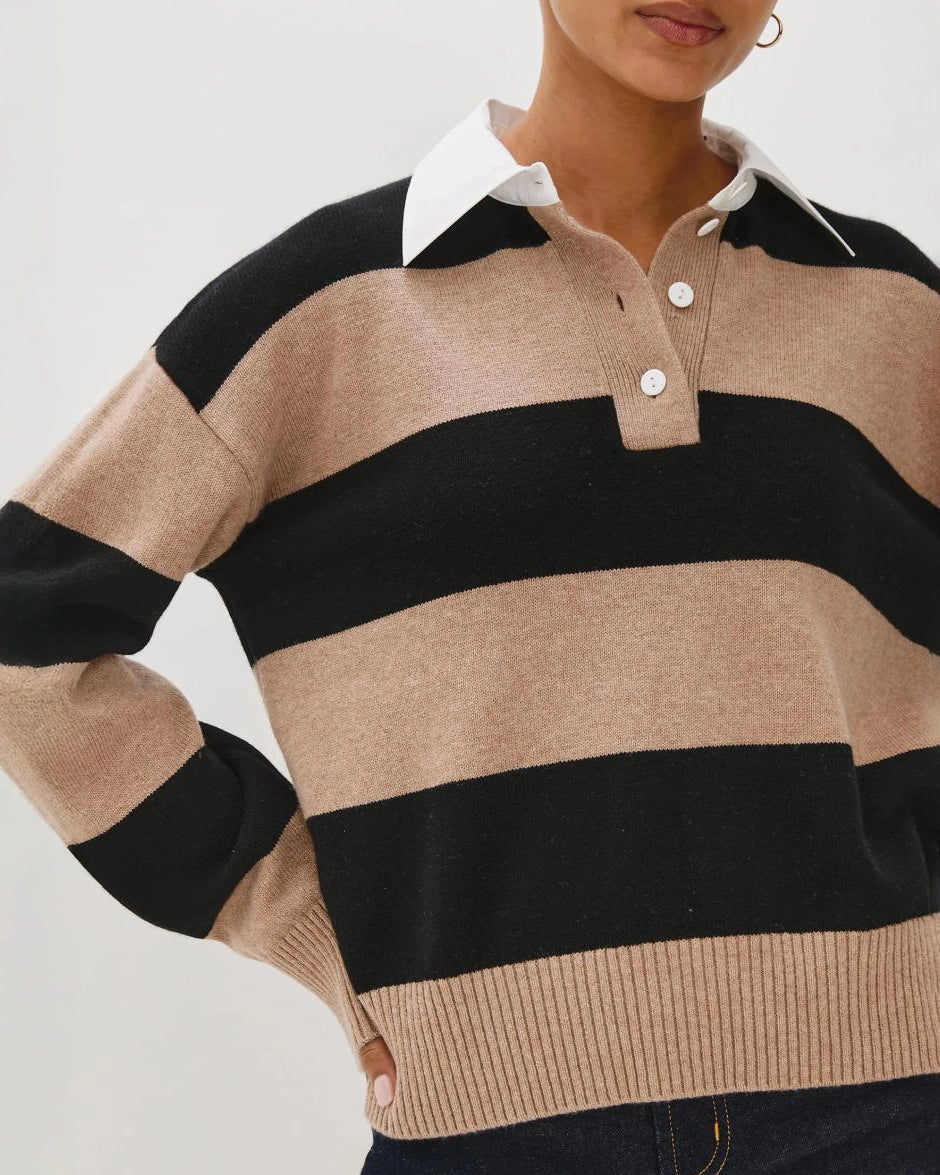 woman wearing a cashmere and wool striped rugby sweater by Rails