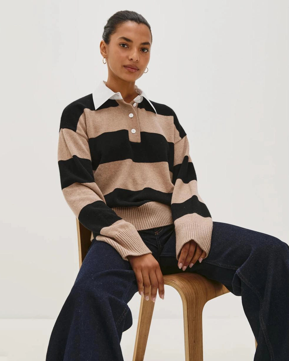 woman wearing a cashmere and wool striped rugby sweater by Rails