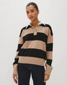 woman wearing a cashmere and wool striped rugby sweater by Rails