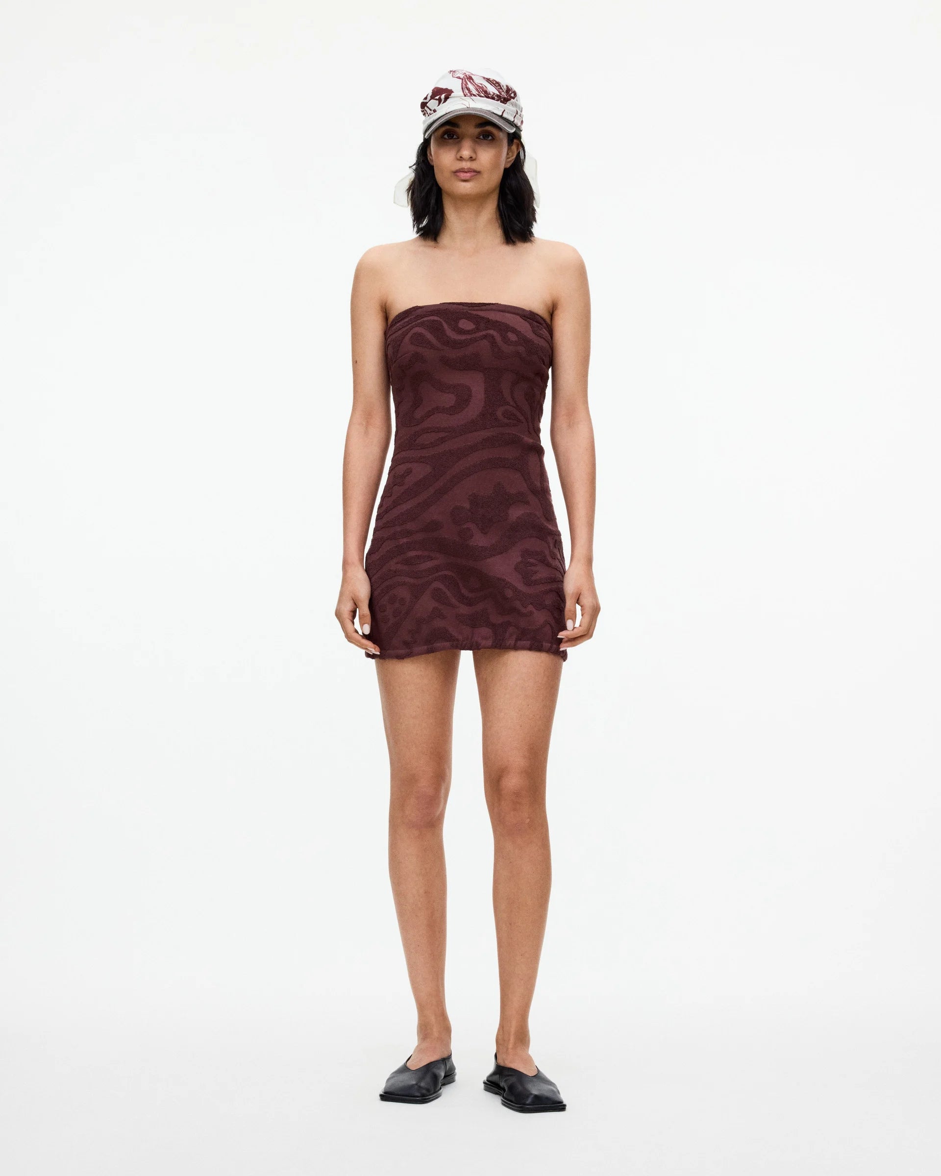 a dress in merlot that is made out of terry