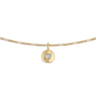 gold necklace with a round pendent with a heart in the middle