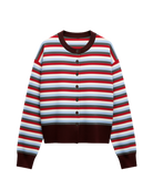 striped cardigan with matching scarf in burgundy, grey, blue, white and red