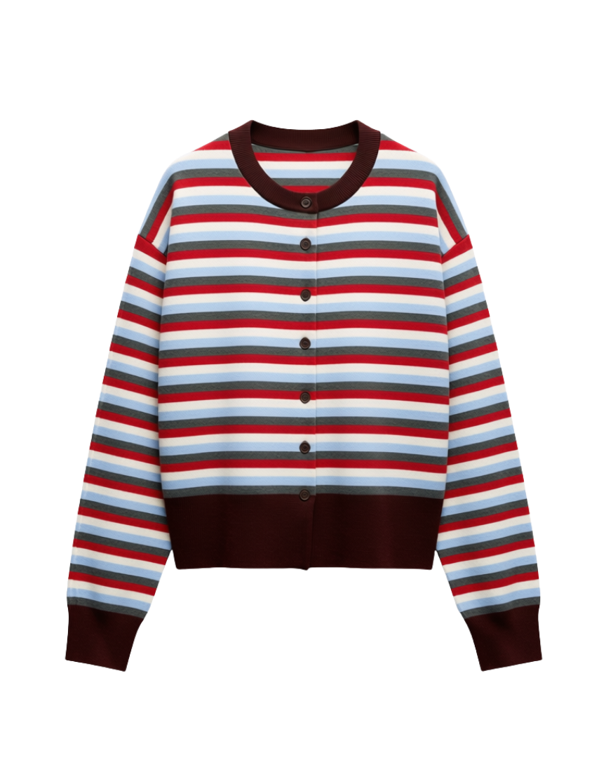 striped cardigan with matching scarf in burgundy, grey, blue, white and red
