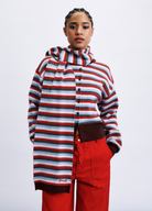 striped cardigan with matching scarf in burgundy, grey, blue, white and red