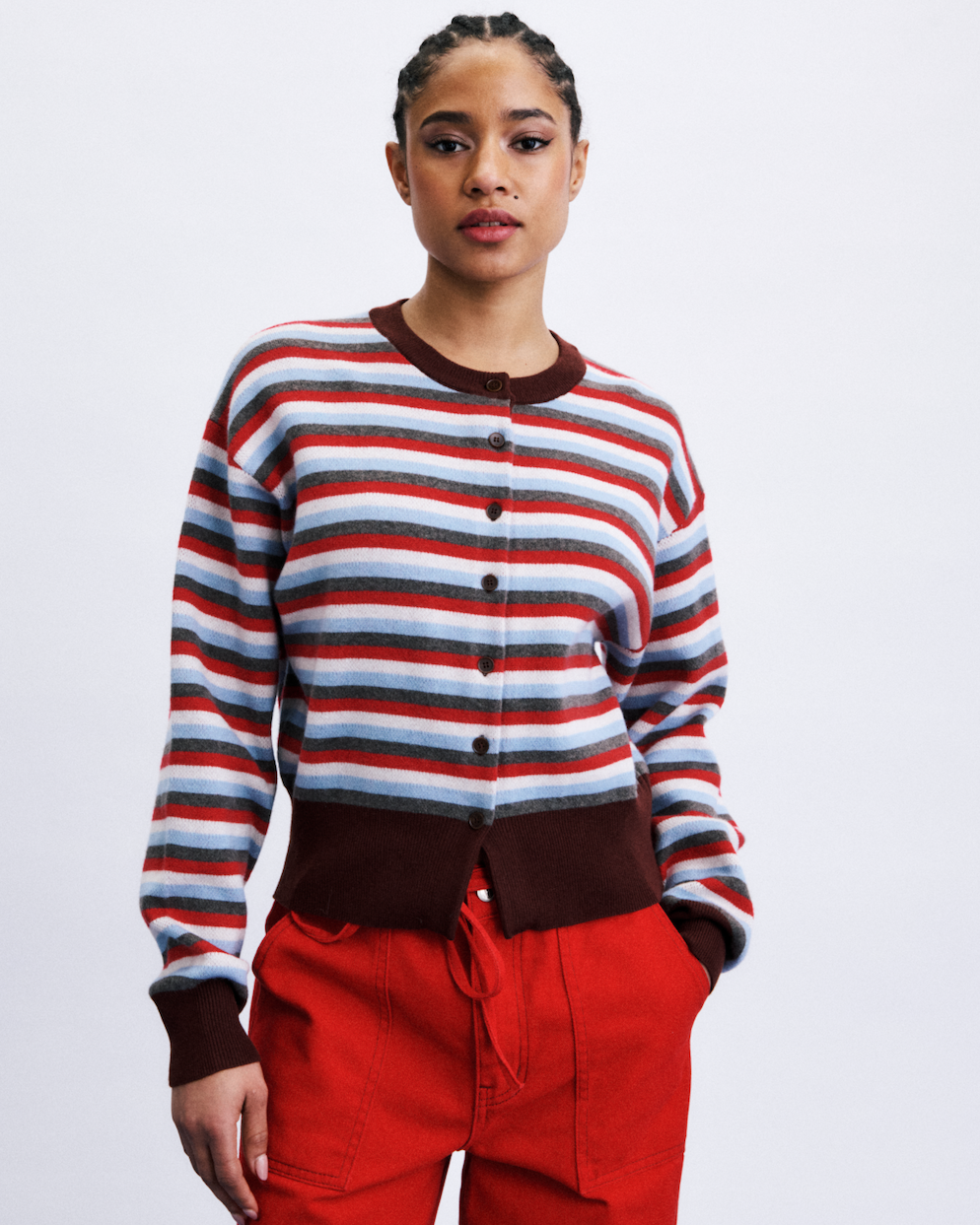 striped cardigan with matching scarf in burgundy, grey, blue, white and red