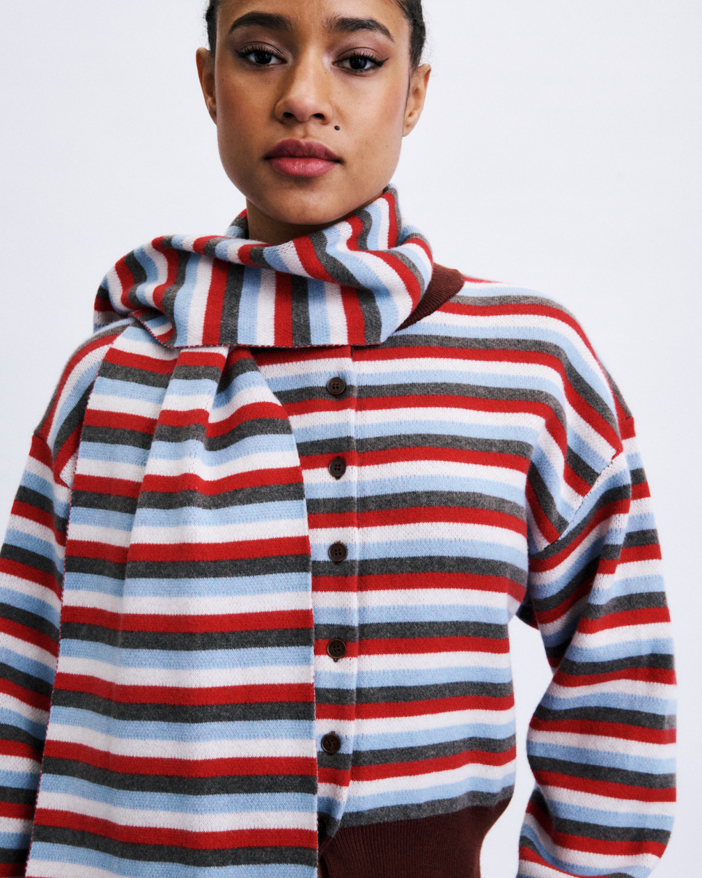 striped cardigan with matching scarf in burgundy, grey, blue, white and red
