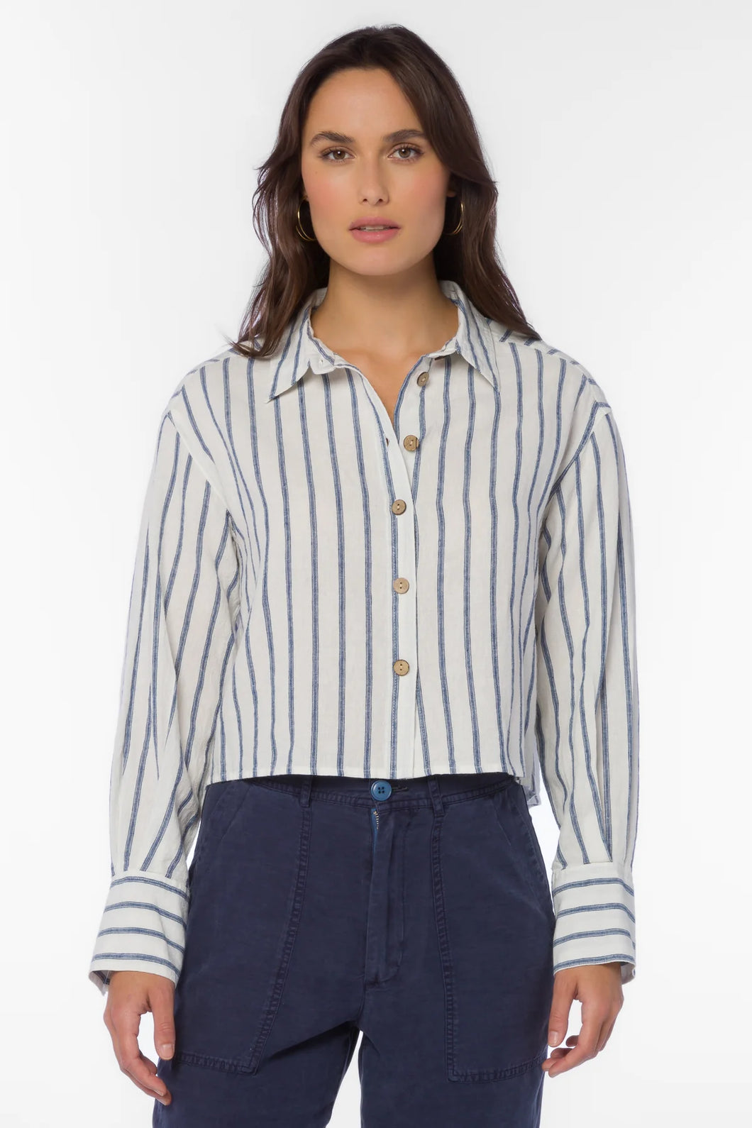 Summerlyn Navy Stripe Cropped Button Up