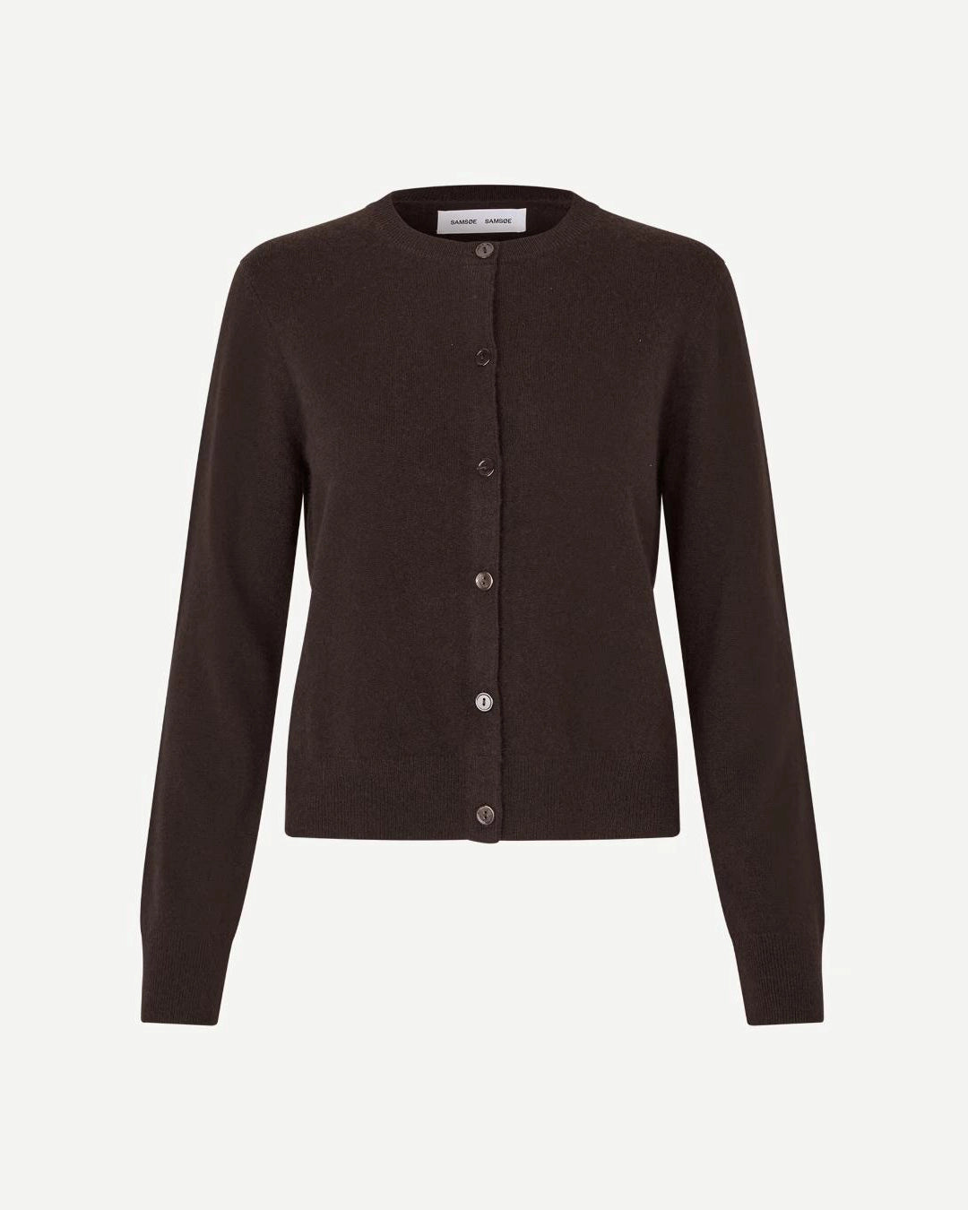 a brown button-up cashmere cardigan by Samsoe Samsoe