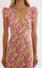 maxi dress with a pink, green and yellow floral print 