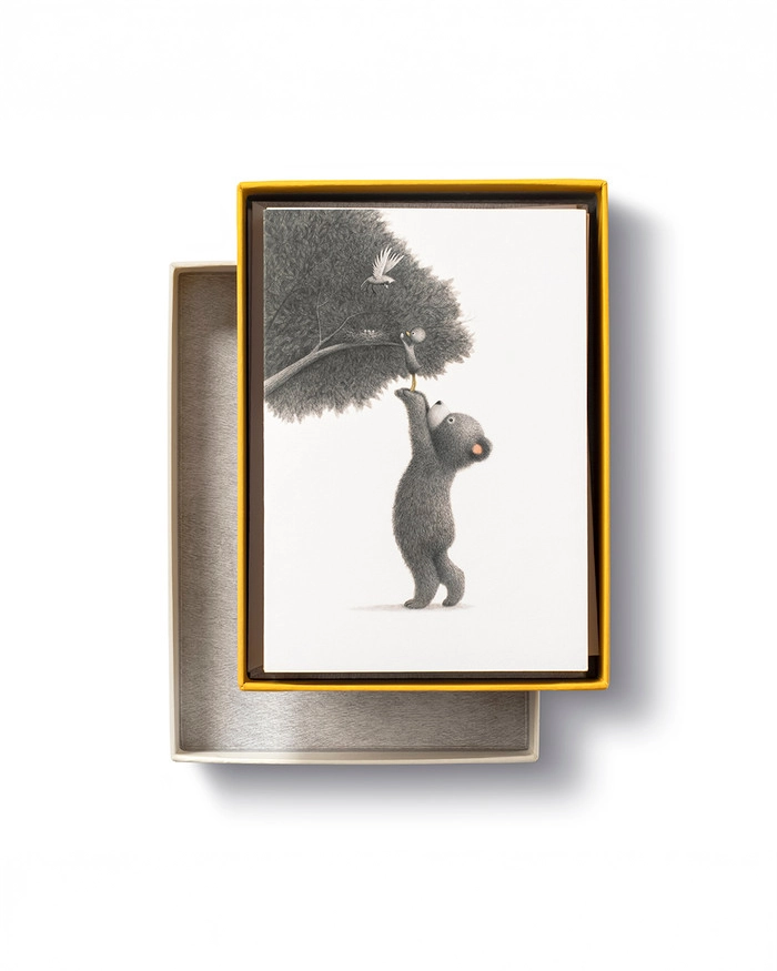 'So Much Gratitude' note cards box set for appreciation and friendship with a photo of a bear helping a duckling into a tree