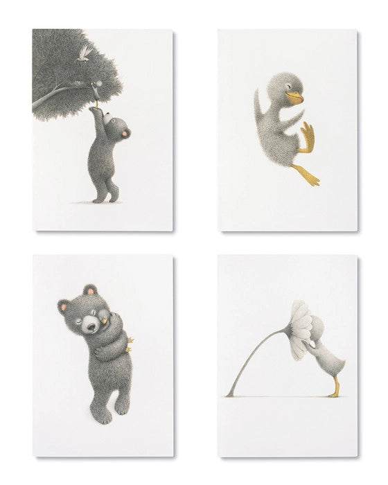 4 front covers of notecards from the 'so much gratitude' gift card box set with a photo of a bear helping a bird to it's nest, a bird jumping for joy, a bear hugging a duckling and a duckling smelling a flower