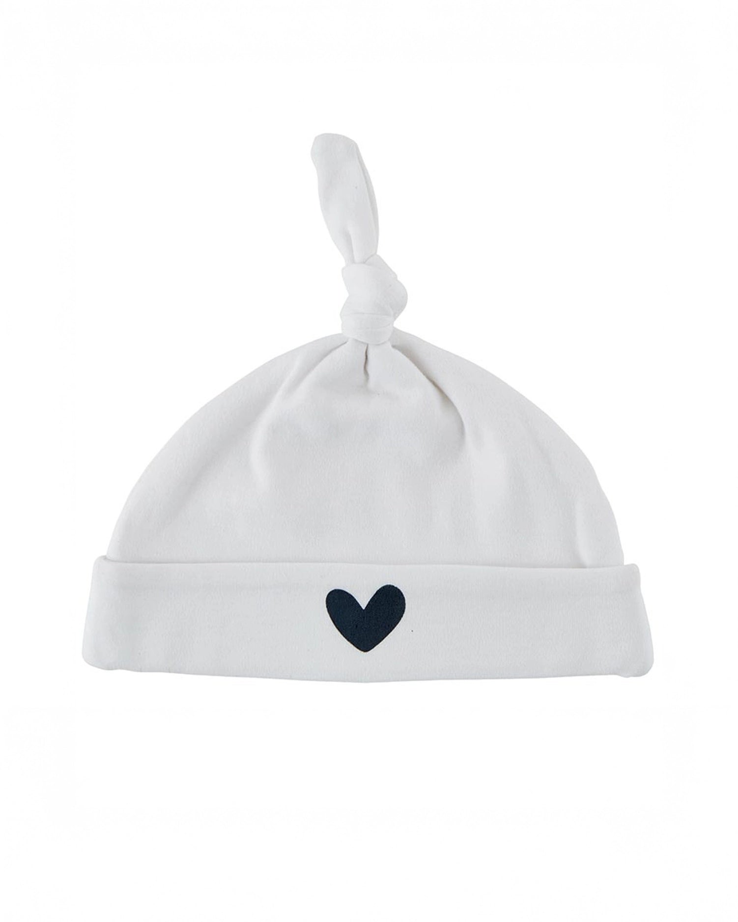Small white baby hat with black heart on it