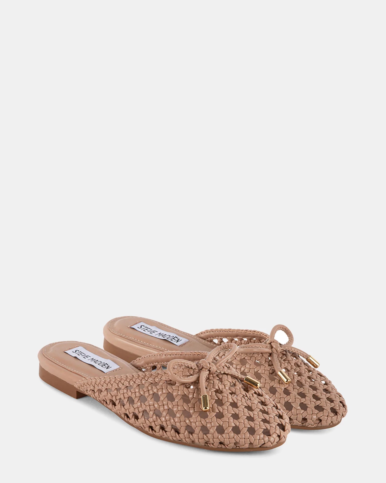 Pair of woven slide shoes with a bow