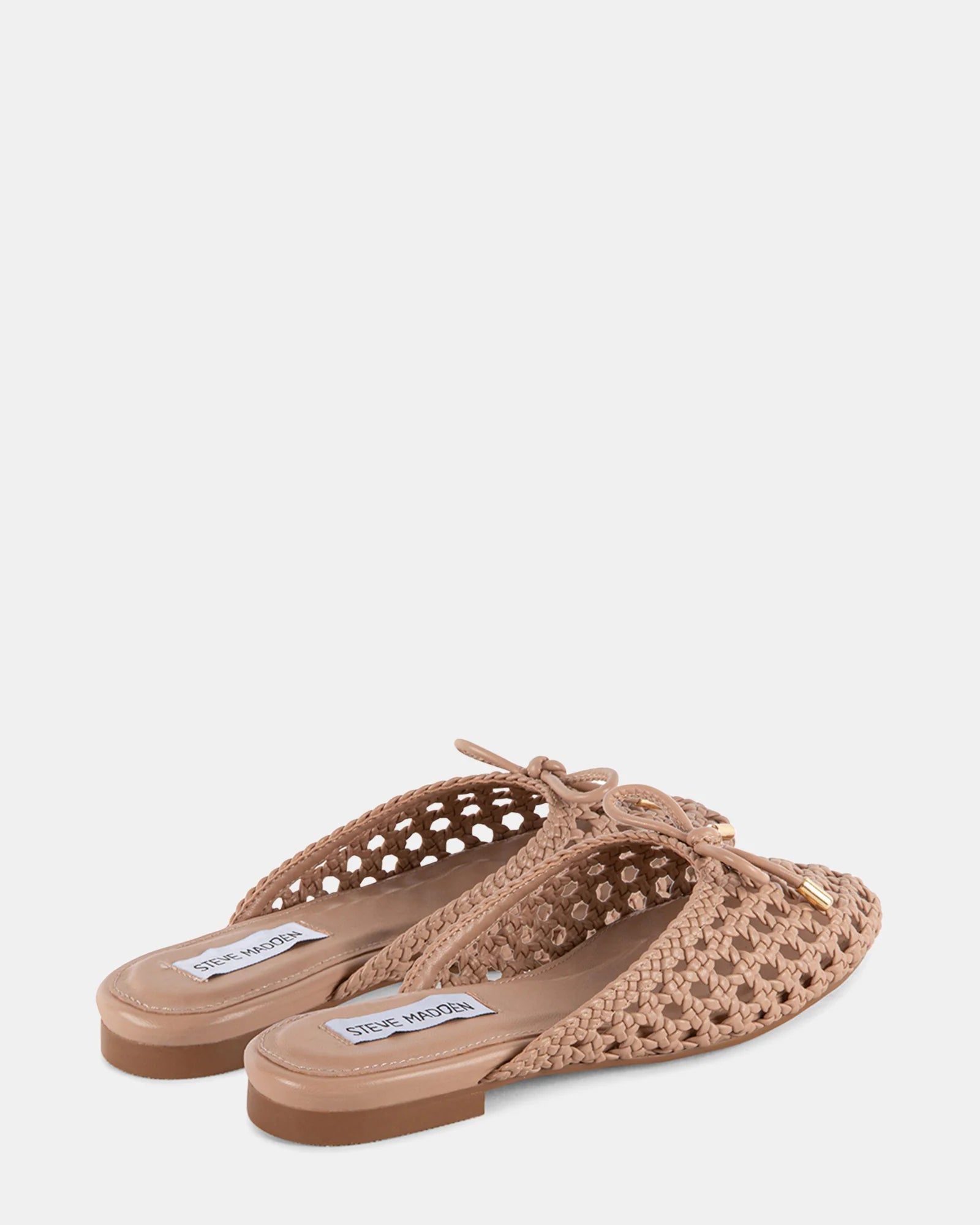 Pair of woven slide shoes with a bow