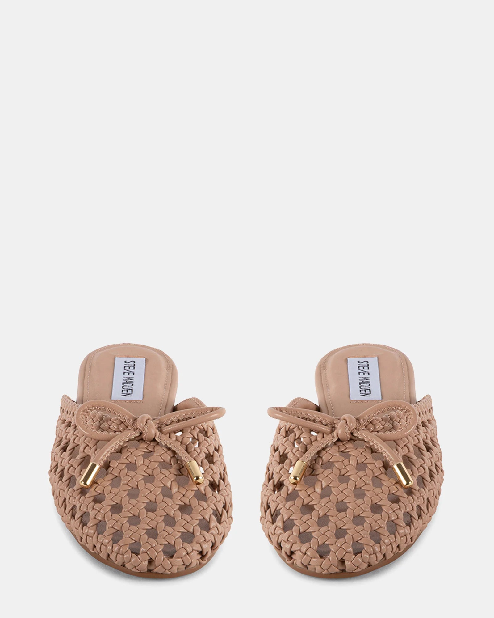 Pair of woven slide shoes with a bow