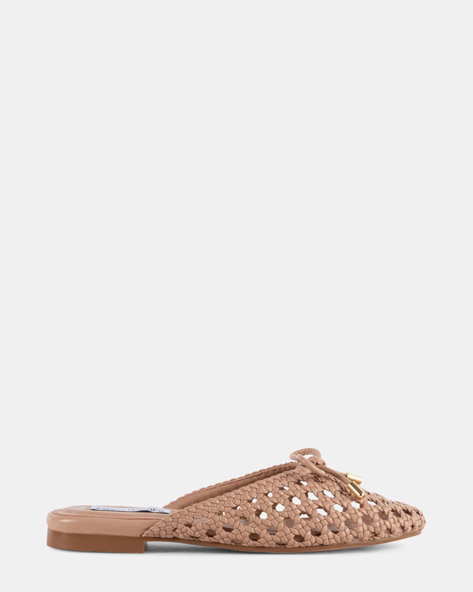 Pair of woven slide shoes with a bow
