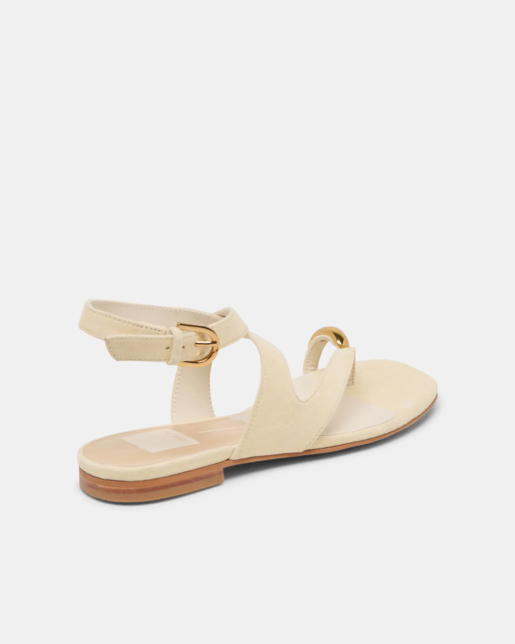 Beige ecru suede sandal with thin straps and gold toe detail