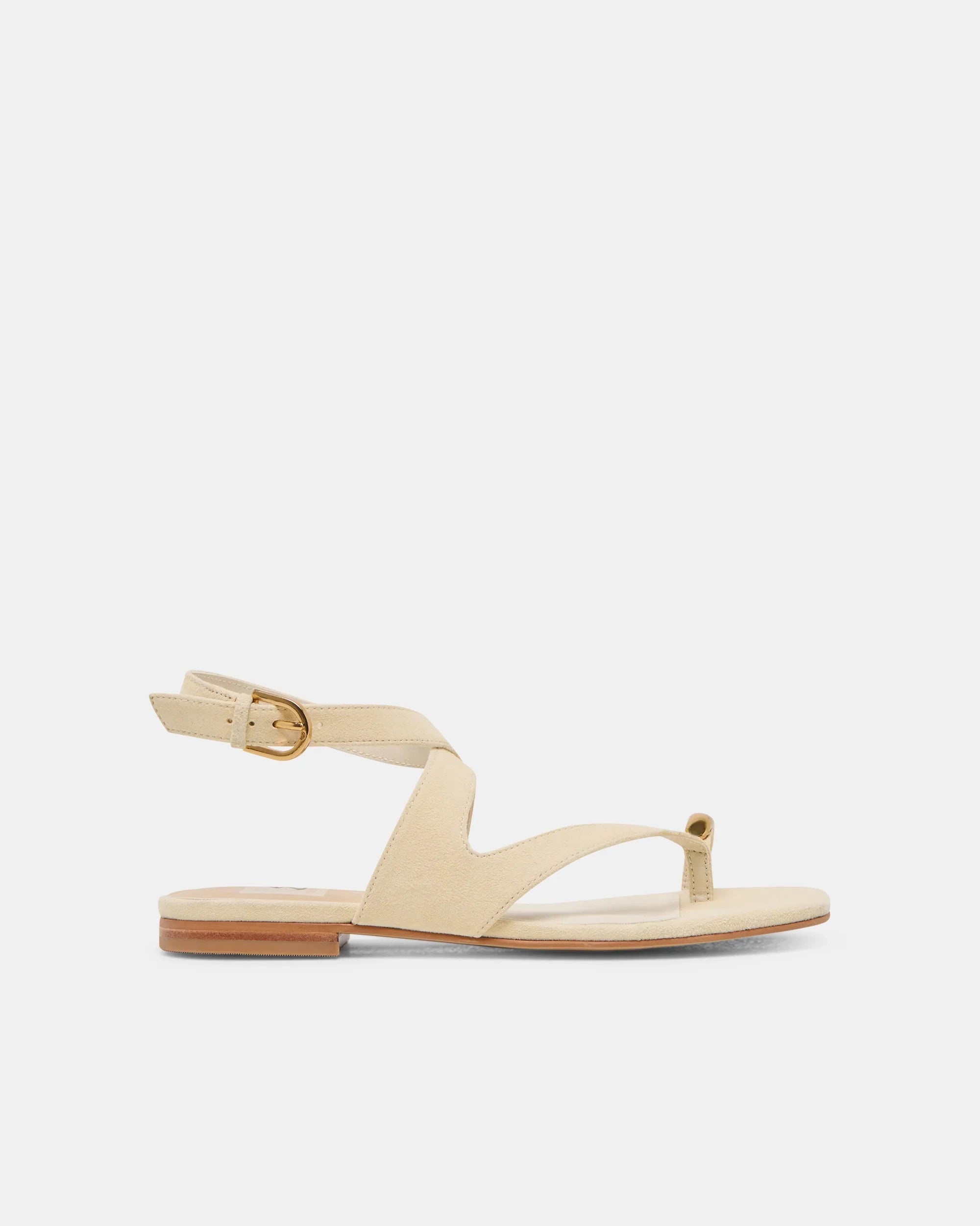 Beige ecru suede sandal with thin straps and gold toe detail