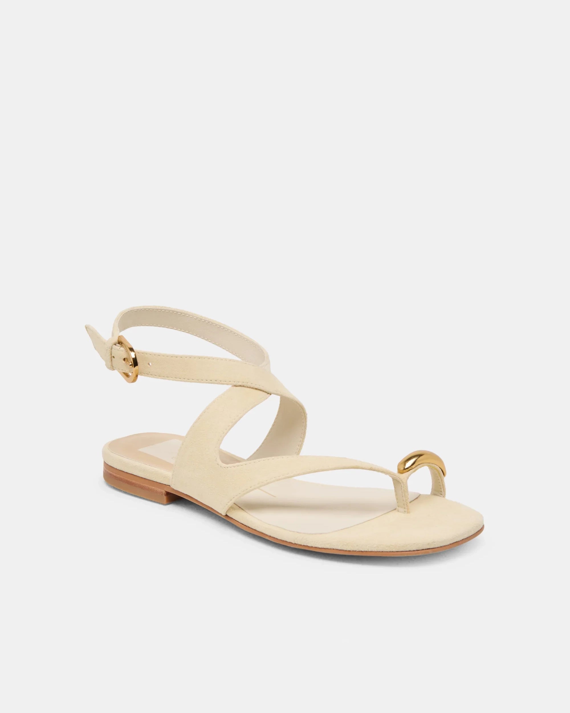 Beige ecru suede sandal with thin straps and gold toe detail