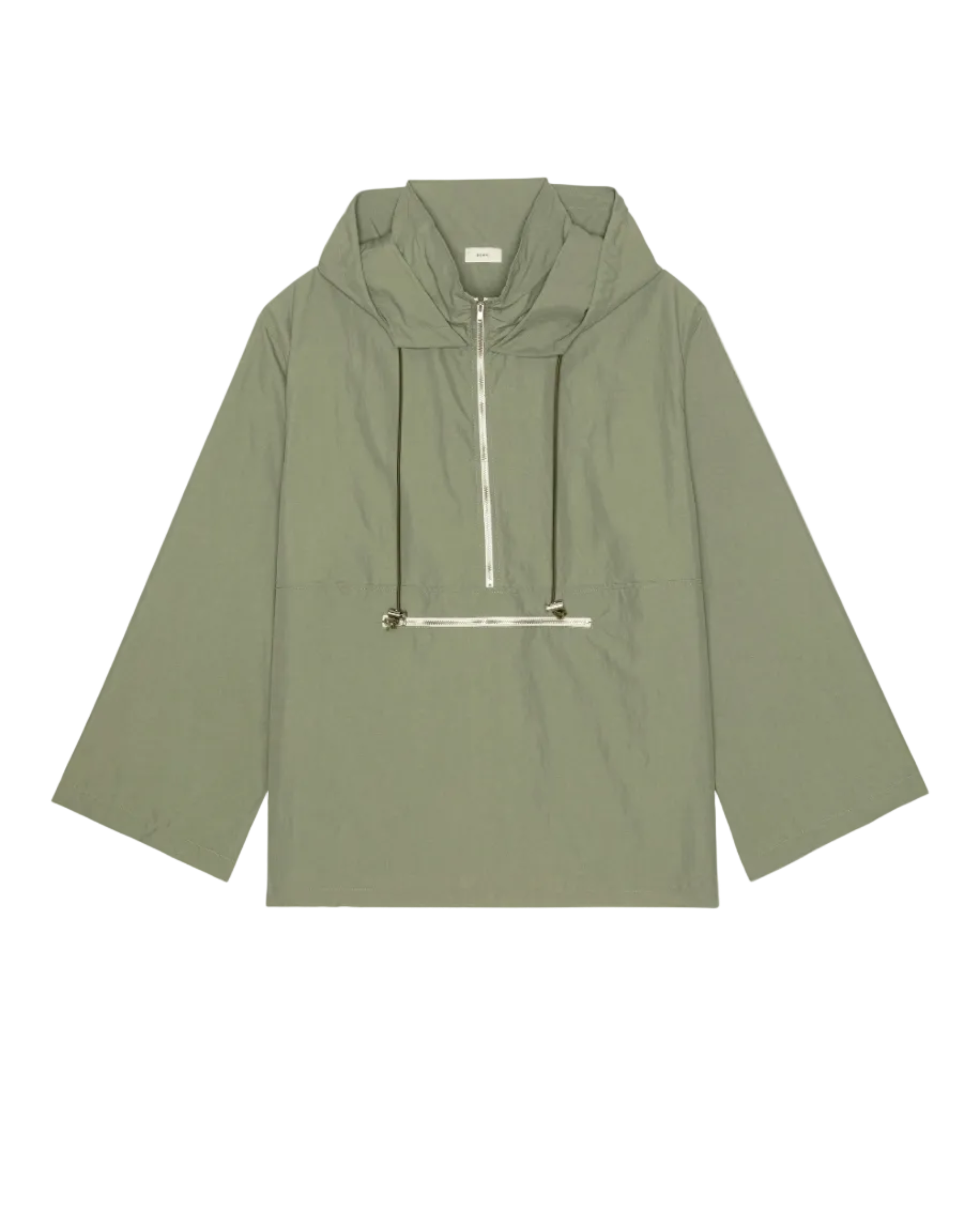 green rain jacket with wide sleeves and a hood