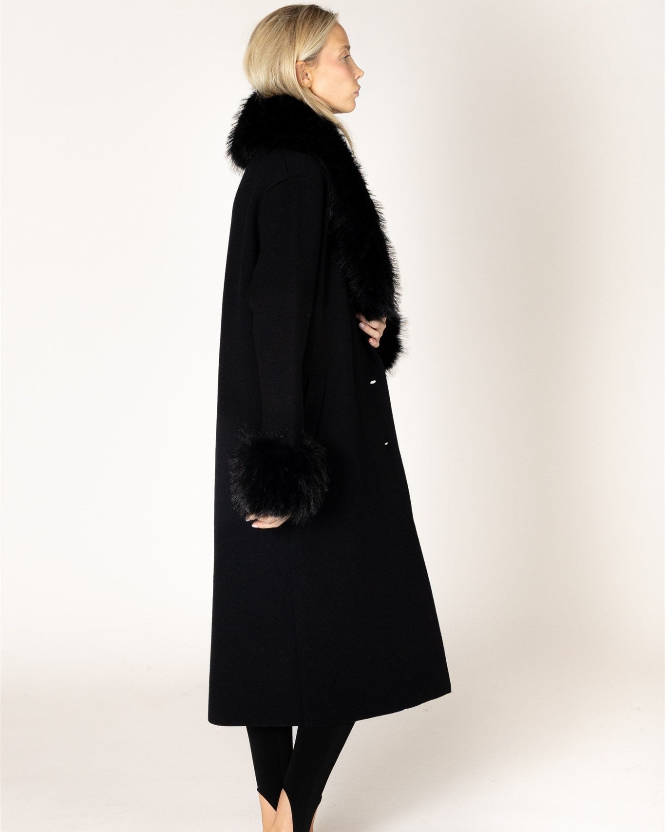 midi black coat with fur around the collar and cuffs of sleeves