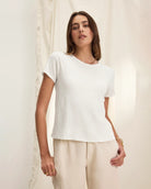 Woman wearing a white cotton slub t-shirt