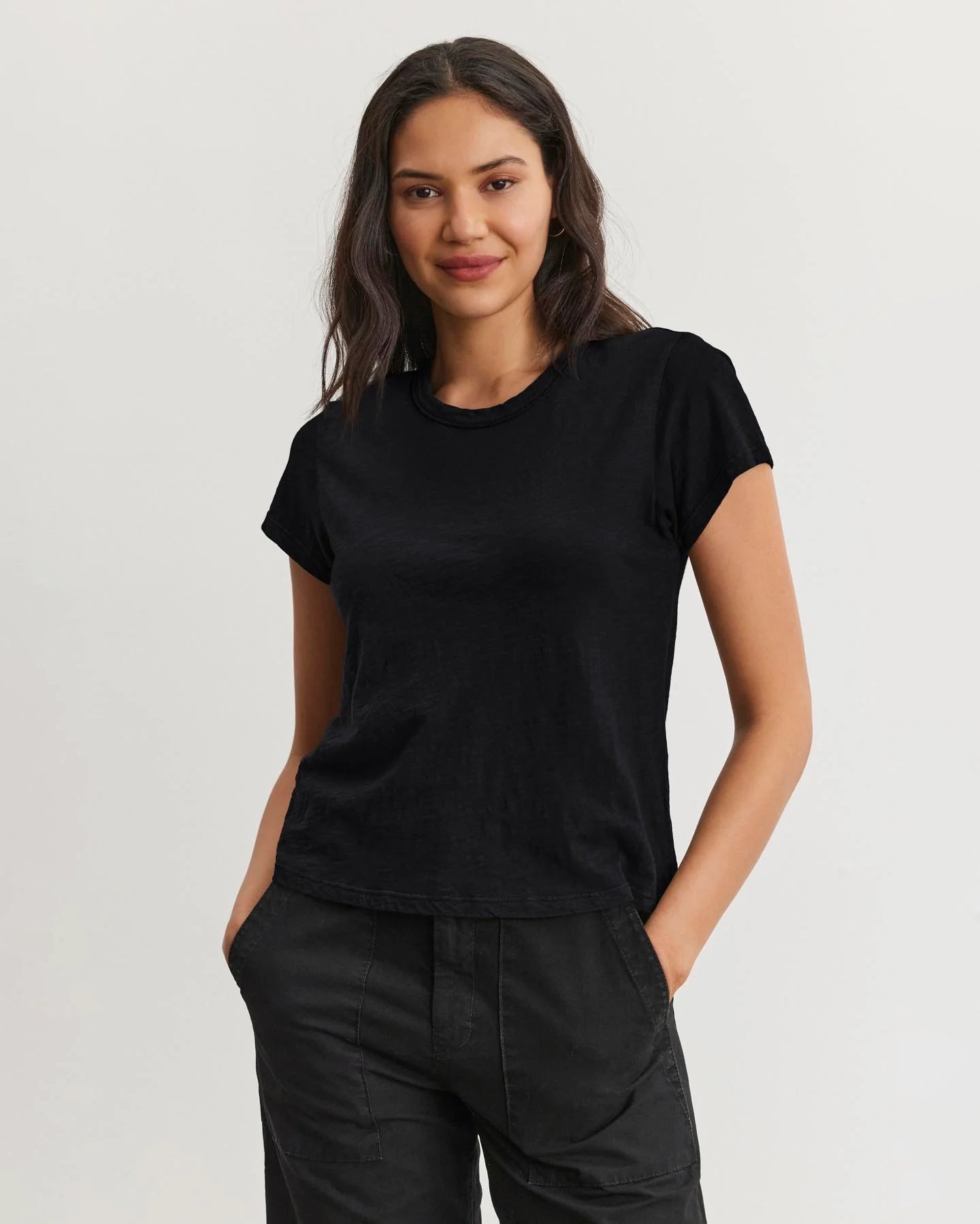 Woman wearing a black cotton slub t-shirt