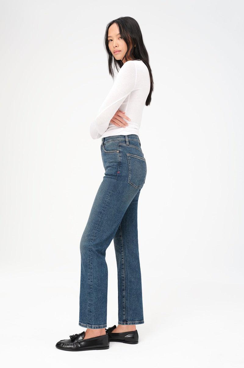 high rise mid fade straight leg denim pant