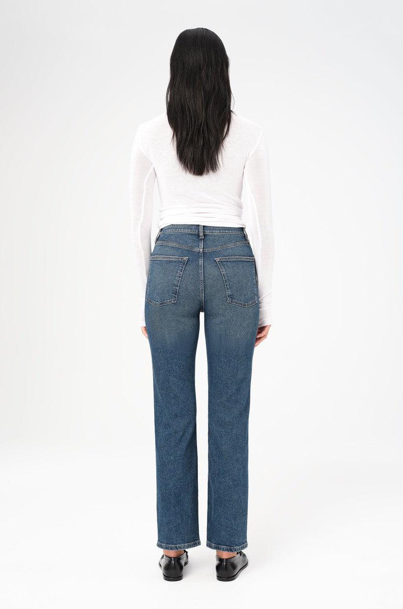 high rise mid fade straight leg denim pant