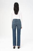high rise mid fade straight leg denim pant