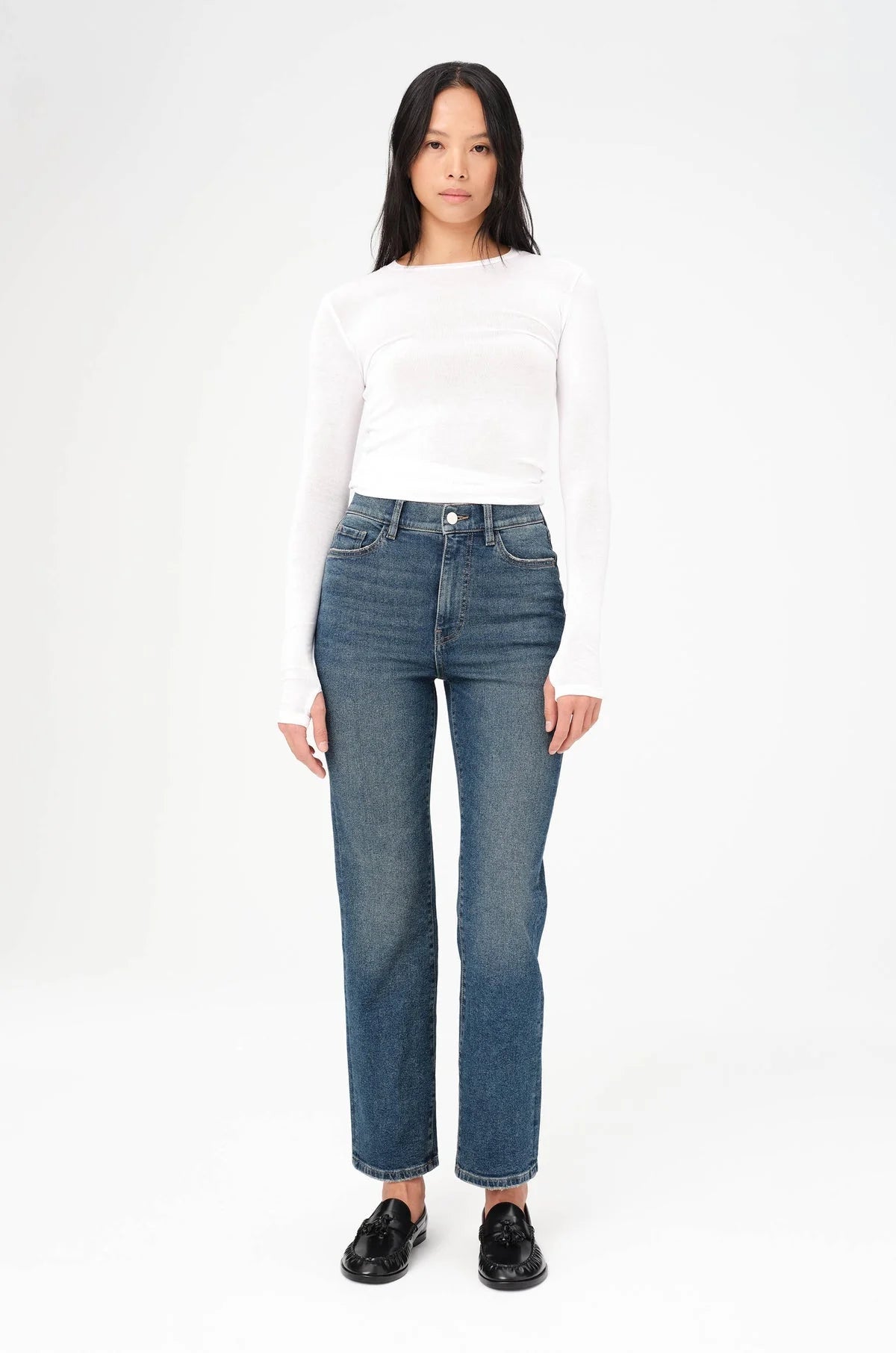 high rise mid fade straight leg denim pant
