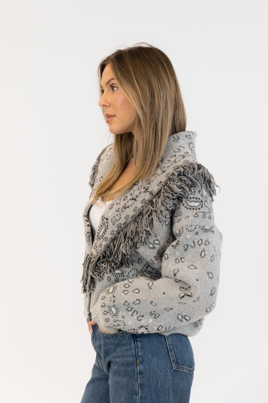 side view of a short grey knit jacket
