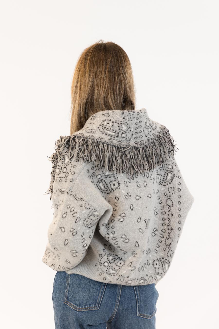 back view of a short knit grey jacket