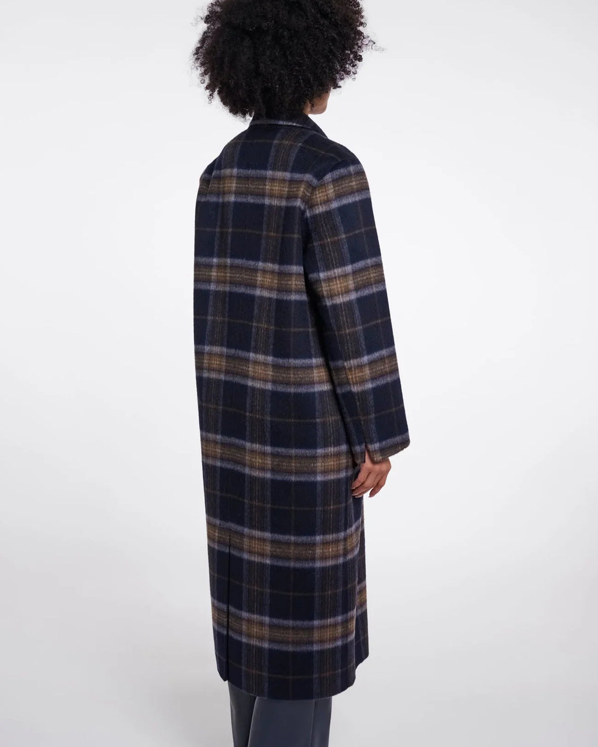long navy and brown plaid coat