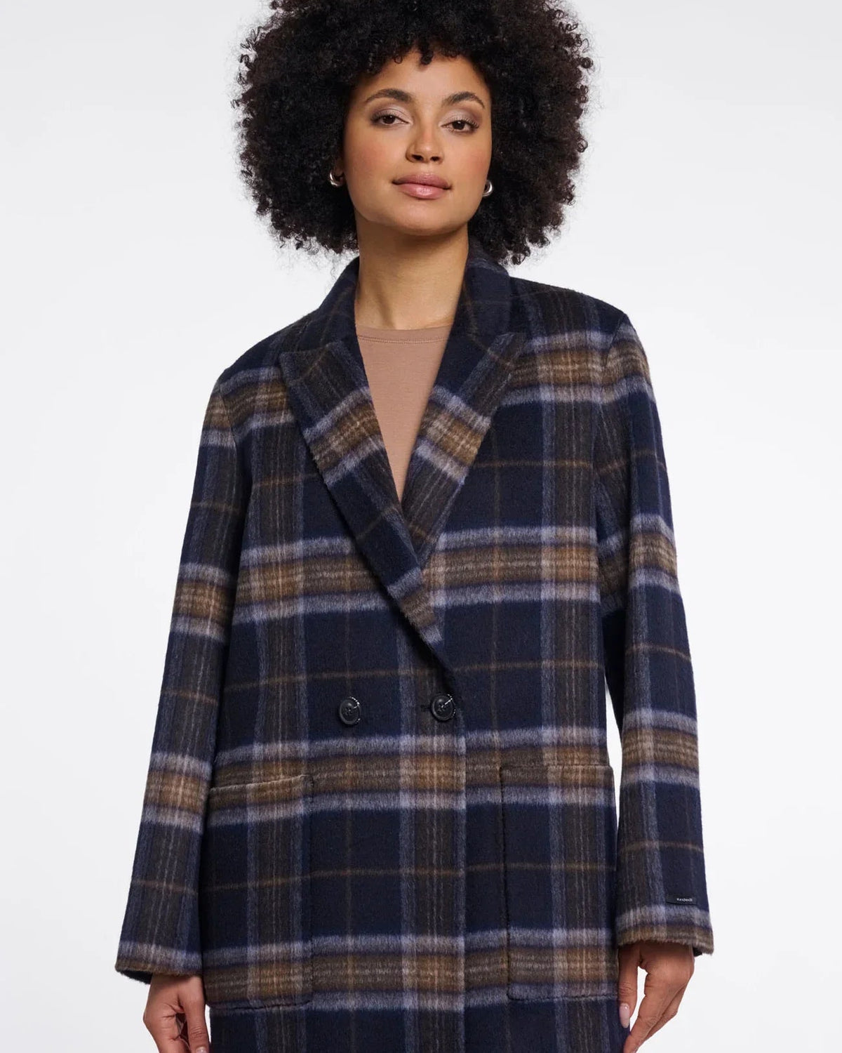 long navy and brown plaid coat