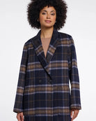 long navy and brown plaid coat
