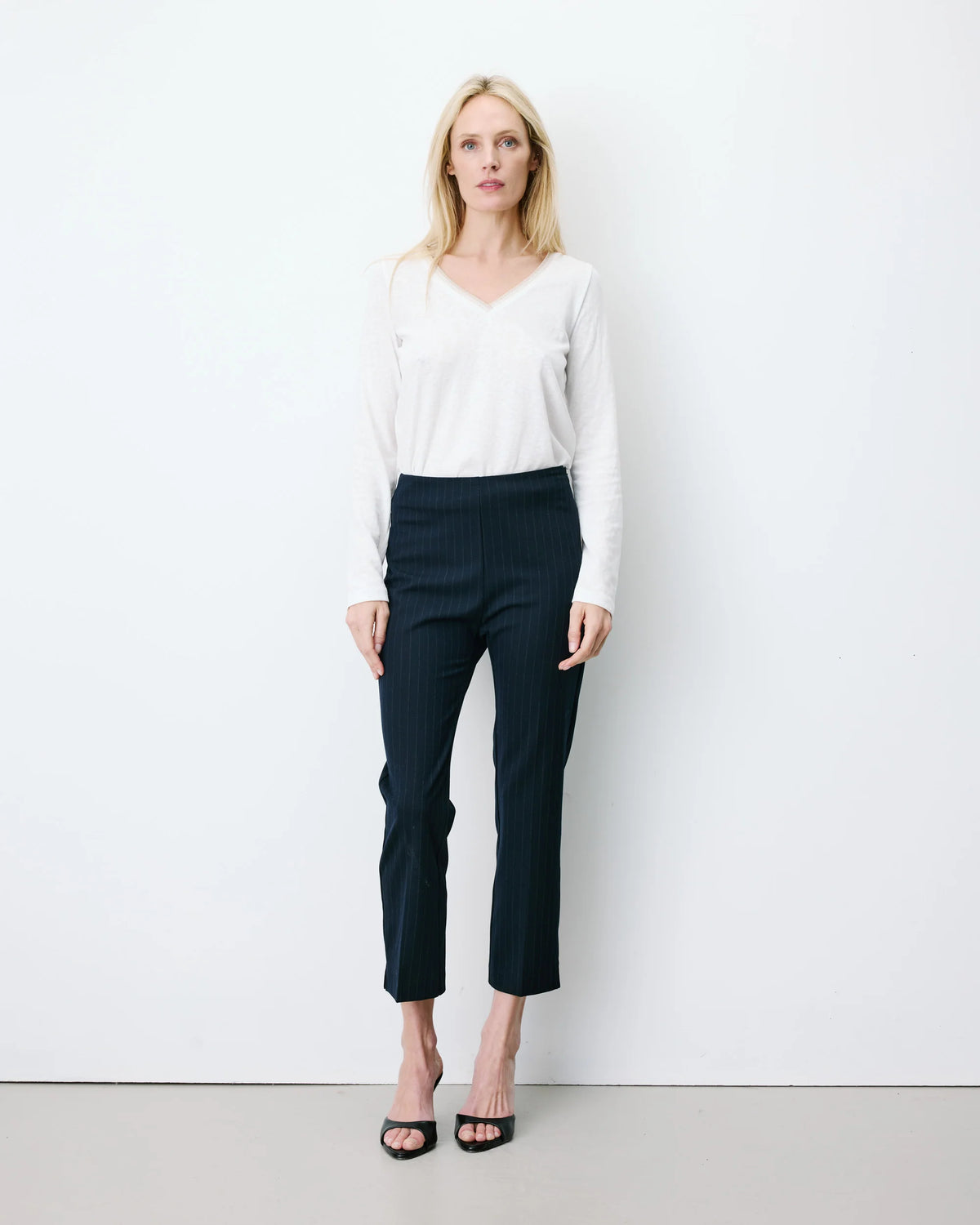 navy pinstripe suiting capri pant