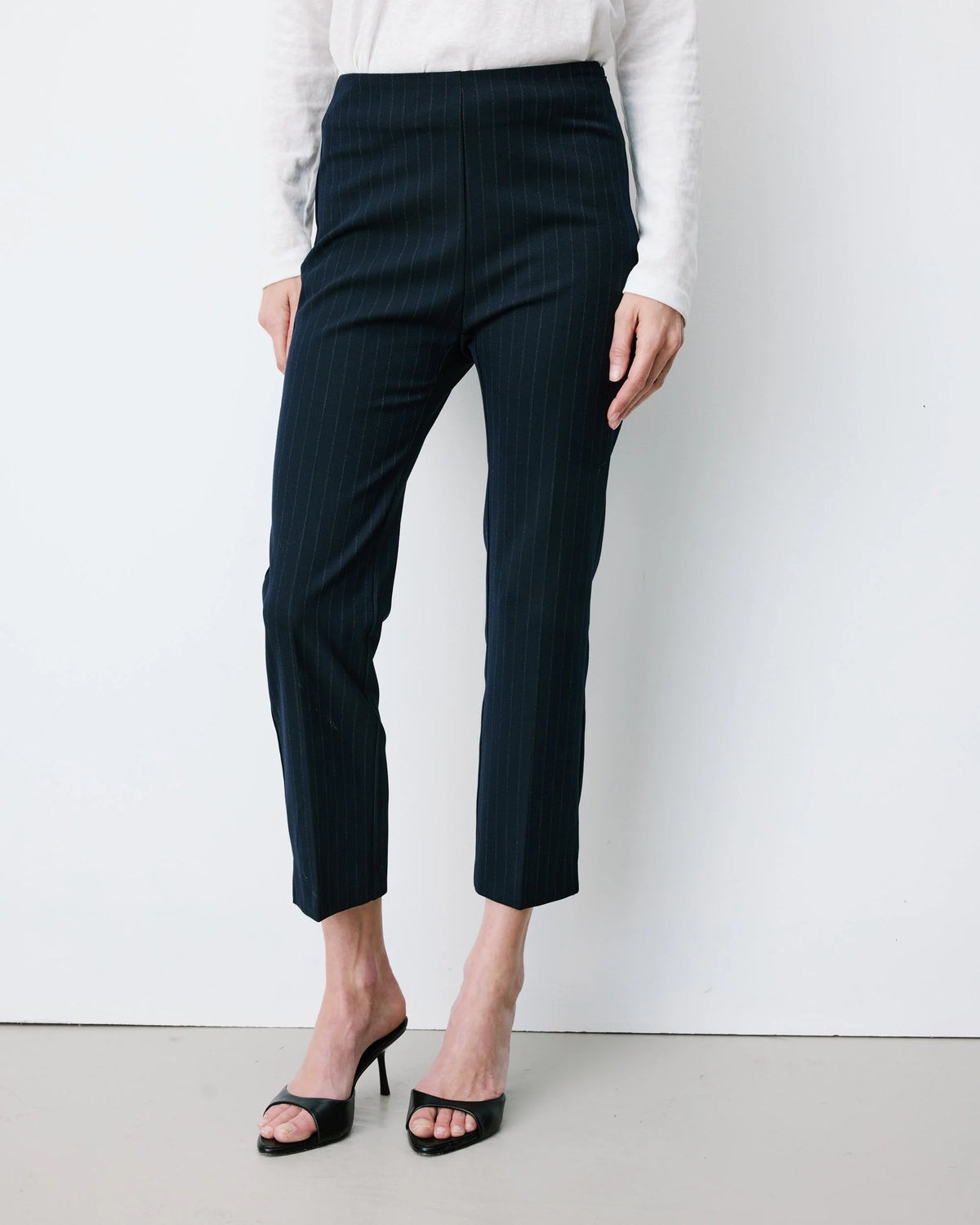 navy pinstripe suiting capri pant