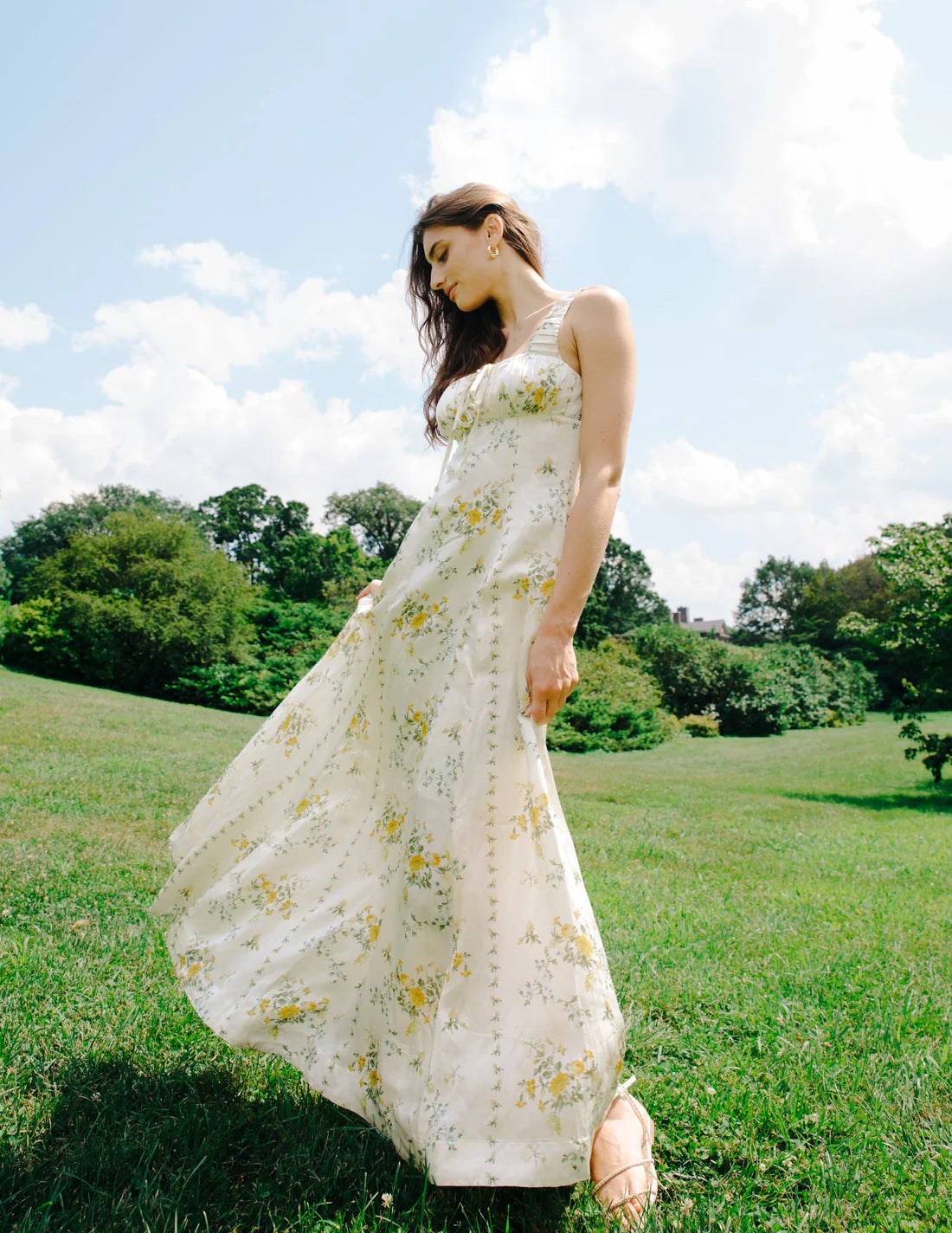 maxi dress in cream with green and yellow floral print