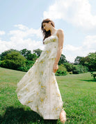 maxi dress in cream with green and yellow floral print